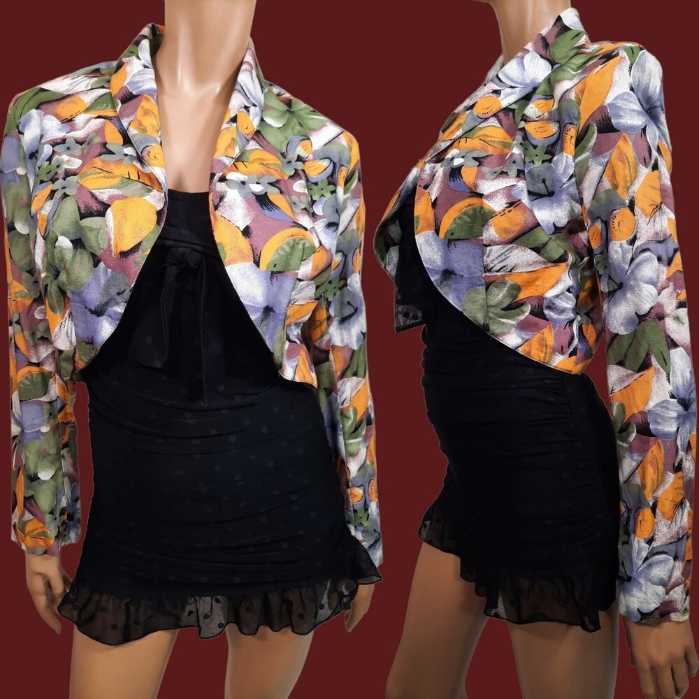Vintage 80s Dark Tropic Floral Cropped Jacket Bolero Yellow Green Black  Size S